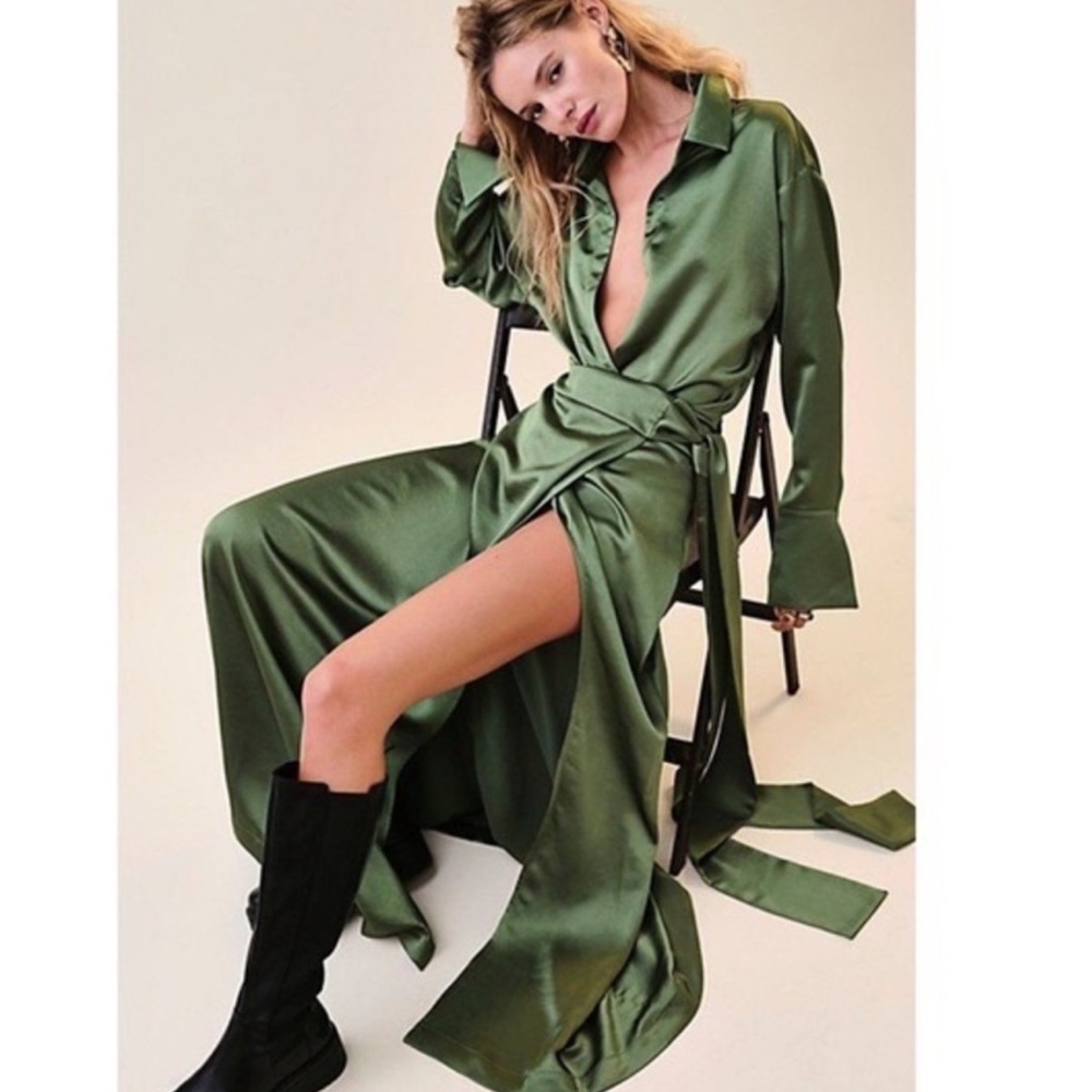 Free People Olive Satin Maxi Dress